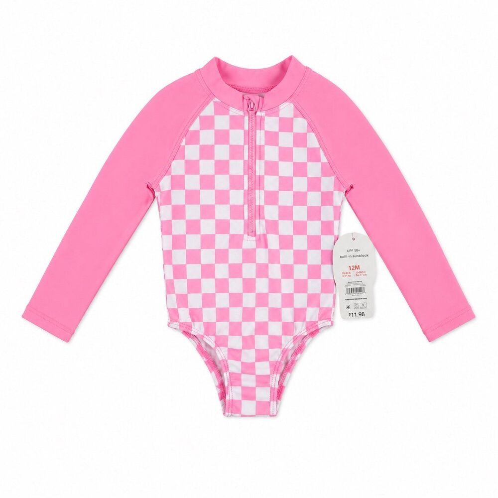 NWT Cat & Jack Pink & White Checkered Long Sleeve Rash Guard Swimsuit – 12M
